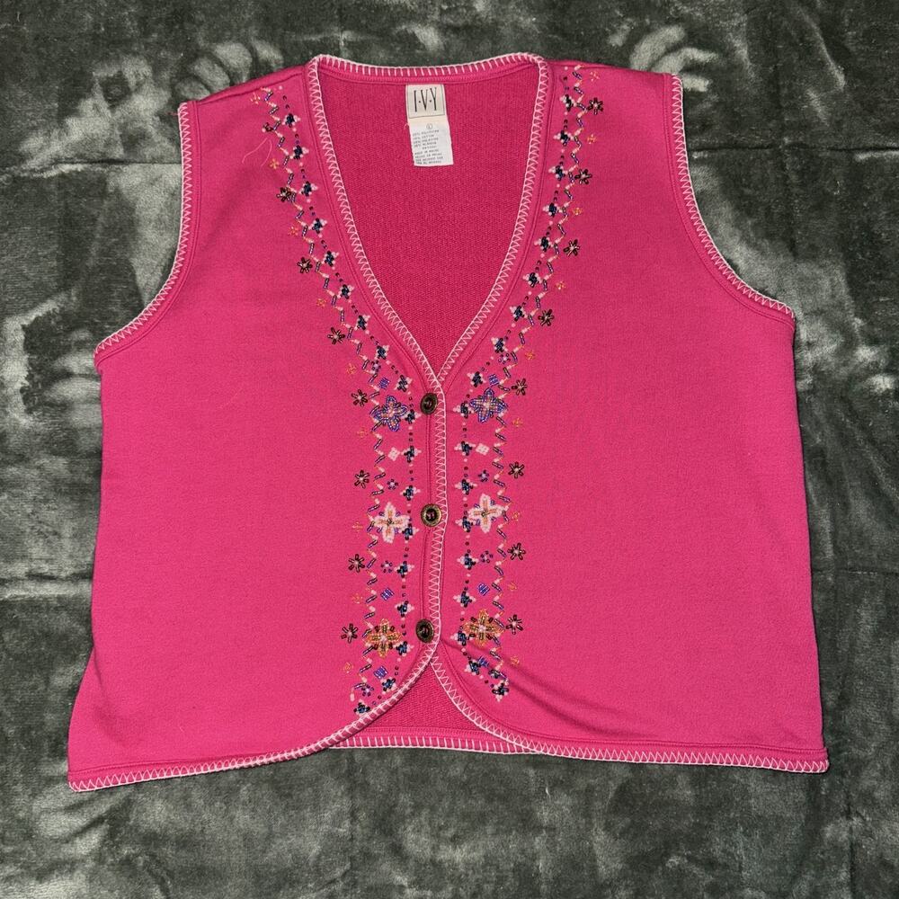 Vintage‎ I.V.Y Beaded Vest Women's Large Pink Rhintestone V-Neck Button Front